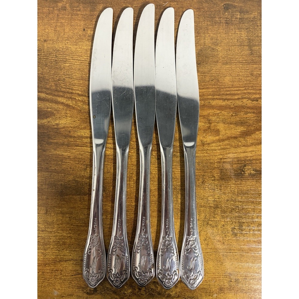 Antique WM Rogers Bros. Silverplated Dinner Knives Lot 5 Flatware "N" Monogram